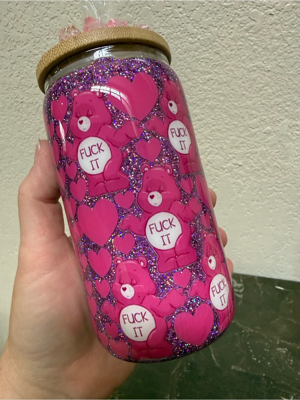 Swear Bear Fuk It Pink Glitter 12 oz Wine Glass Cup with Lid Handmade